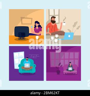 stay at home campaign set scenes Stock Vector