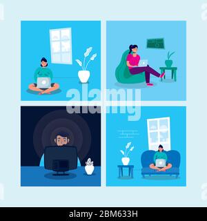 stay at home campaign set scenes Stock Vector
