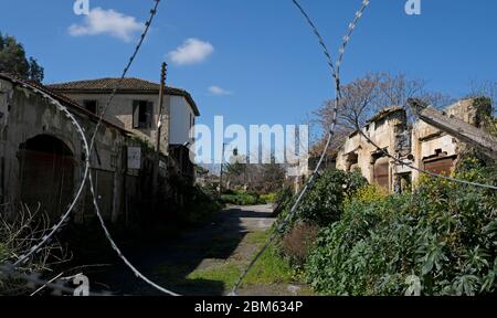 14 Feb 2020 - Nicosia, Cyprus: Barbed wire and obstacles in the border zone 'Green Line' in Nicosia, Cyprus Stock Photo