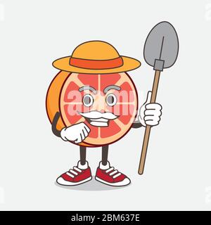 An illustration of Grapefruit cartoon mascot character with hat and farmer tools Stock Vector