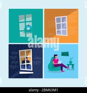 stay at home campaign set scenes Stock Vector