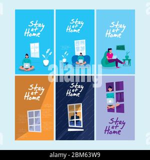 stay at home campaign set scenes Stock Vector