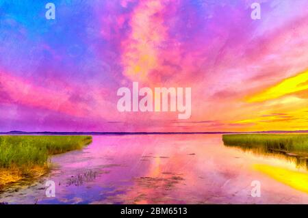 Beautiful colorful sunset over the lake colorful painting looks like picture Stock Photo
