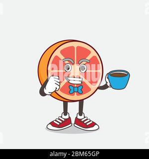 An illustration of Grapefruit cartoon mascot character with a cup of coffee Stock Vector