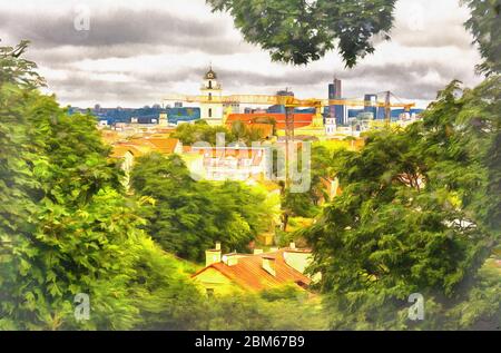 Summer view on Vilnius, the capital of Lithuania colorful painting looks like picture Stock Photo