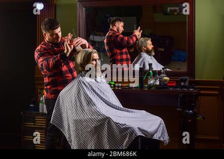 Professional cosmetics. Hipster getting haircut. Healthy hair. Annoy barber could turn out poorly for your ear. Donation and charity concept. Guy with dyed hair. Cut hair. Barber hairstyle barbershop. Stock Photo
