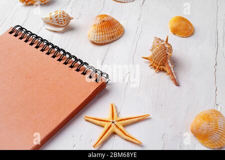 Brown open notepad surrounded by sea shells on white wooden table closeup Stock Photo