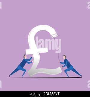 Illustration of a falling currency, and two men trying to stabilise it. The devaluation of sterling pounds sign during recession time. Stock Vector