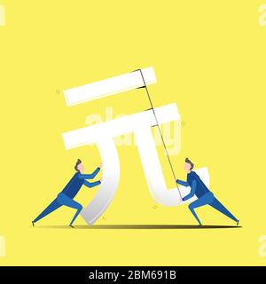 Illustration of a falling currency, and two men trying to stabilise it. Depreciation of chinese yuan during Recession crisis. Stock Vector