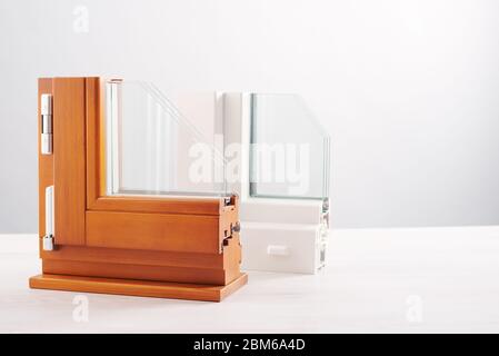 Windows section with triple glazing and wooden frame on white background Stock Photo