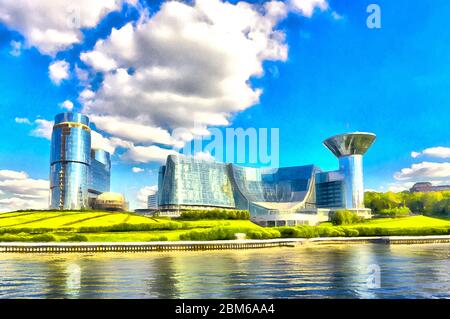 Modern cityscape with government building of Moscow Region colorful painting looks like picture Stock Photo