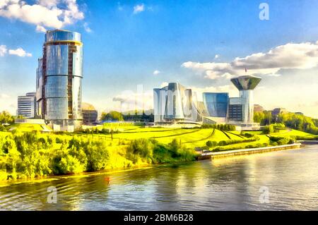 Modern cityscape with government building of Moscow Region colorful painting looks like picture Stock Photo
