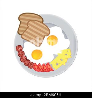 Fried eggs with toast, soft cheese, tomatoes and sausage on a plate isolated Stock Vector