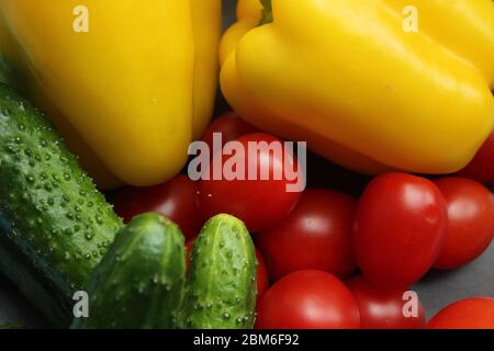 composition of various raw vegetables in basket close up Stock Photo