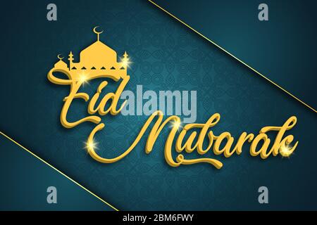 beautiful eid mubarak greeting cards. with gold lettering and mosque illustration on a blue background and pattern. Stock Vector