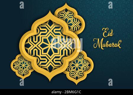 Happy eid mubarak greeting card design. Month of fasting for Muslims. With eid mubarak beautiful gold color pattern. Stock Vector