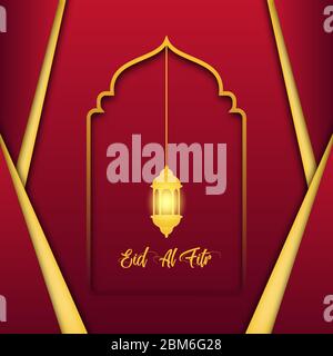 Happy eid mubarak greeting card design. Month of fasting for Muslims. With hanging golden lanterns and a beautiful red color. Stock Vector