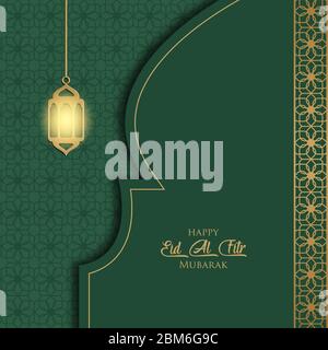 Happy eid mubarak greeting card design. Month of fasting for Muslims. With lanterns shining hanging and Islamic patterns on beautiful greens. Stock Vector