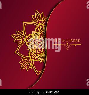 Happy eid mubarak greeting card design. Month of fasting for Muslims. With a golden mandala pattern on a gradient red color. Happiness day for Muslim Stock Vector