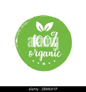 100 Organic. Round green iconnatural products, ingredients, environmentally friendly raw materials. Stock Vector