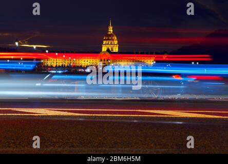 Avenue du Marechal Gallieni in the night , Les Invalides view of famous building in Paris Stock Photo