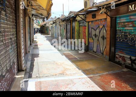 Athens, Greece, May 6 2020 - Closed shops in Monastiraki district during the Coronavirus lockdown. Stock Photo