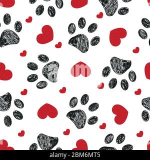 Doodle black paw print with red shining hearts seamless for fabric pattern.eps Stock Vector