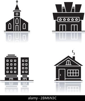 Urban buildings drop shadow black glyph icons set Stock Vector