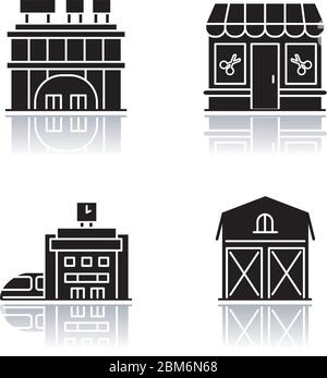 Buildings chalk white icons set on black background Stock Vector