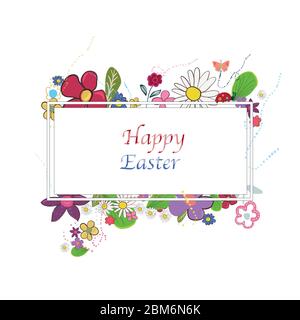 Happy Easter text with spring time cartoon colorful doodle flowers frame. Abstract colorful floral vector background. Mother's Day, Wedding, Woman's Stock Vector