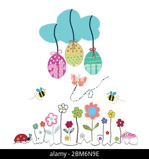 Colorful easter meadow with egg, flowers. Easter and spring time vector background.eps Stock Vector