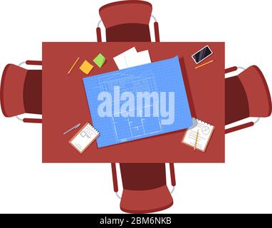 Architect team table semi flat RGB color vector illustration Stock Vector