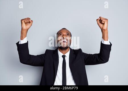 Close-up portrait of his he nice attractive cheerful cheery bearded guy banker real estate agent celebrating leadership accomplishment isolated on Stock Photo