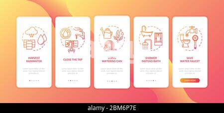 Water saving tips onboarding mobile app page screen with concepts Stock Vector