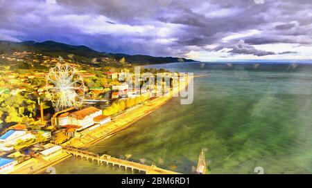 Aerial view on seashore resort area colorful painting looks like picture Stock Photo