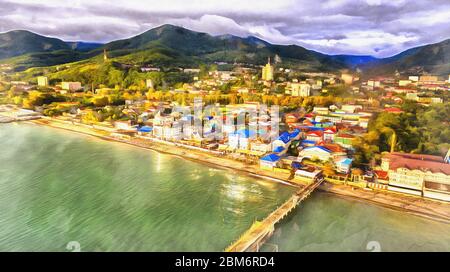 Aerial view on seashore resort area colorful painting looks like picture Stock Photo