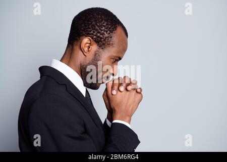 Close-up profile side view portrait of his he nice attractive serious minded guy agent broker banker financier making decision difficult hard choose Stock Photo