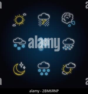 Sky clarity and precipitation neon light icons set Stock Vector