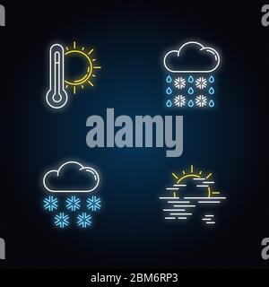 Temperature and precipitation forecast neon light icons set Stock Vector