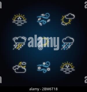 Weather forecast neon light icons set Stock Vector