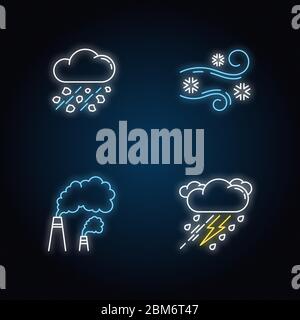 Bad weather forecast neon light icons set Stock Vector