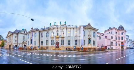 SALZBURG, AUSTRIA - MARCH 1, 2019: Panoramic view on facade of Mozarteum complex on Schwarzstrasse, on March 1 in Salzburg Stock Photo