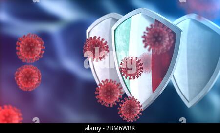 Security shield as virus protection concept. Coronavirus Sars-Cov-2 barrier. Steel shield painted as Italian national flag, defend against COVID-19 Stock Photo