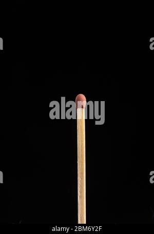 A single unlit matchstick on black background Stock Photo