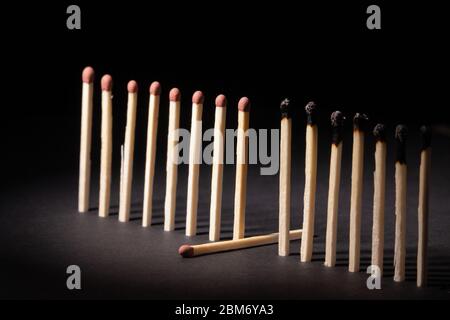 A close up of a row of matchsticks one side burnt the other unlit, with a single match out of the line lying down. Stock Photo