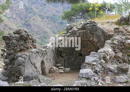 view on Chimera church ruin near Yanartash natural vents with perpetual flames. Famous tourist Lician way in Turkey Stock Photo