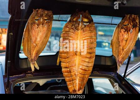 Close-up image of different types of dried fish. Beer snack concept Stock Photo