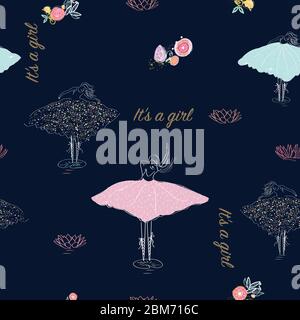 Seamless ballerina symbols, flowers and lotus flowers. It's a girl, newborn baby shower. Hand drawn seamless pattern for fabric design Stock Vector