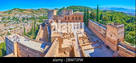 GRANADA, SPAIN - SEPTEMBER 25, 2019: Panorama of Alcazaba with Plaza de Armas (Arms Square), Broken Tower and the Keep (Torre del Homenaje) from top o Stock Photo