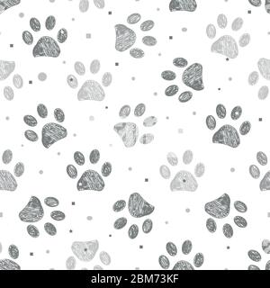 Doodle grey paw prints with dots, square and stars seamless fabric design repeated patte Stock Vector